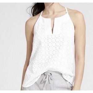 Athleta Eyelet Dunes Halter Tank Top Lace All Over White Tassel Tie Back Sz XXS
